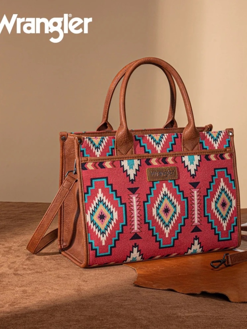 Wrangler Aztec Print Canvas Tote Bag Exclusive Burgundy